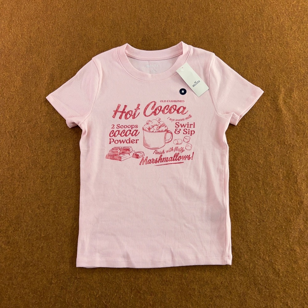 Hollister Womens Medium Pink Hot Cocoa Graphic Ribbed Short Sleeve T-Shirt NWT